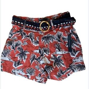 NWT Tahari Linen Shorts Women Rust  Tropical Leaf Palm Tree Beach w belt